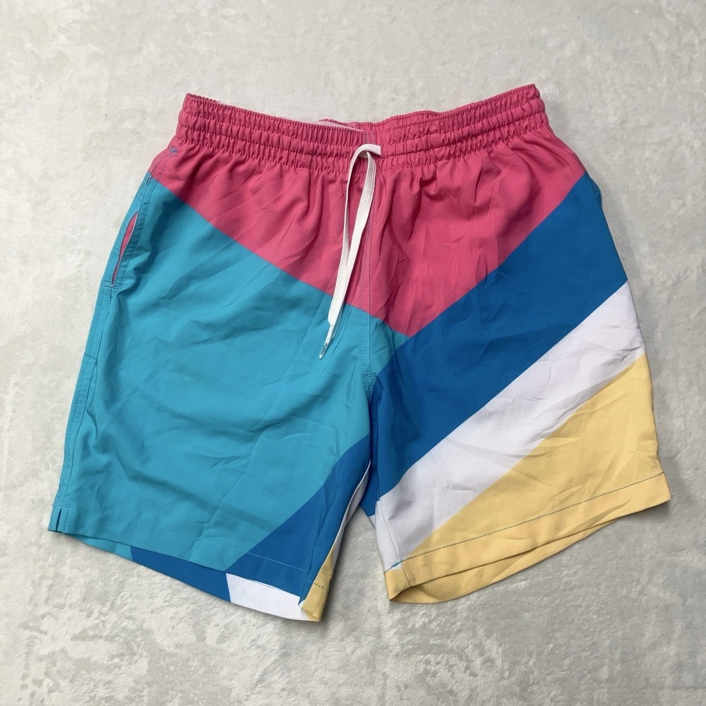 Chubbies Swim Trunks Mens Medium Pink Drawstring Lined Pockets 7" Inseam Striped